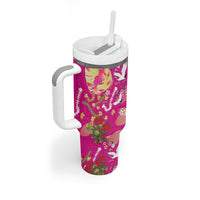 Hawaiian and Japanese Culture Together Tumbler With Handle Kakau Tribal Pattern and Irezumi Art Pink Color