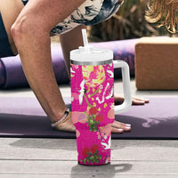 Hawaiian and Japanese Culture Together Tumbler With Handle Kakau Tribal Pattern and Irezumi Art Pink Color