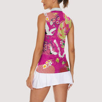 Hawaiian and Japanese Culture Together Women Sleeveless Polo Shirt Kakau Tribal Pattern and Irezumi Art Pink Color