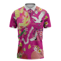 Hawaiian and Japanese Culture Together Zipper Polo Shirt Kakau Tribal Pattern and Irezumi Art Pink Color LT03 Pink - Polynesian Pride