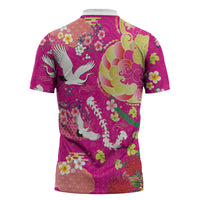 Hawaiian and Japanese Culture Together Zipper Polo Shirt Kakau Tribal Pattern and Irezumi Art Pink Color