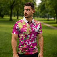 Hawaiian and Japanese Culture Together Zipper Polo Shirt Kakau Tribal Pattern and Irezumi Art Pink Color LT03 - Polynesian Pride