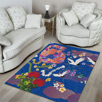Hawaiian and Japanese Culture Together Area Rug Kakau Tribal Pattern and Irezumi Art Blue Color