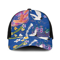 Hawaiian and Japanese Culture Together Baseball Net Cap Kakau Tribal Pattern and Irezumi Art Blue Color