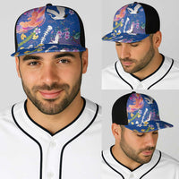 Hawaiian and Japanese Culture Together Baseball Net Cap Kakau Tribal Pattern and Irezumi Art Blue Color