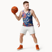 Hawaiian and Japanese Culture Together Basketball Jersey Kakau Tribal Pattern and Irezumi Art Blue Color