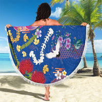 Hawaiian and Japanese Culture Together Beach Blanket Kakau Tribal Pattern and Irezumi Art Blue Color