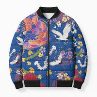 Hawaiian and Japanese Culture Together Bomber Puffer Jacket Kakau Tribal Pattern and Irezumi Art Blue Color