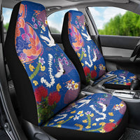 Hawaiian and Japanese Culture Together Car Seat Cover Kakau Tribal Pattern and Irezumi Art Blue Color