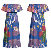 Hawaiian and Japanese Culture Together Couples Matching Off Shoulder Maxi Dress and Long Sleeve Button Shirt Kakau Tribal Pattern and Irezumi Art Blue Color
