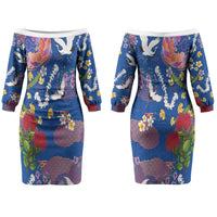 Hawaiian and Japanese Culture Together Couples Matching Off The Shoulder Long Sleeve Dress and Hawaiian Shirt Kakau Tribal Pattern and Irezumi Art Blue Color