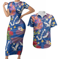 Hawaiian and Japanese Culture Together Couples Matching Short Sleeve Bodycon Dress and Hawaiian Shirt Kakau Tribal Pattern and Irezumi Art Blue Color