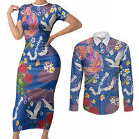 Hawaiian and Japanese Culture Together Couples Matching Short Sleeve Bodycon Dress and Long Sleeve Button Shirt Kakau Tribal Pattern and Irezumi Art Blue Color LT03 Blue - Polynesian Pride