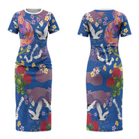 Hawaiian and Japanese Culture Together Couples Matching Short Sleeve Bodycon Dress and Long Sleeve Button Shirt Kakau Tribal Pattern and Irezumi Art Blue Color LT03 - Polynesian Pride