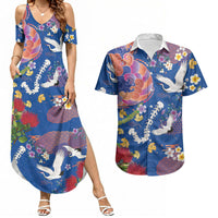 Hawaiian and Japanese Culture Together Couples Matching Summer Maxi Dress and Hawaiian Shirt Kakau Tribal Pattern and Irezumi Art Blue Color