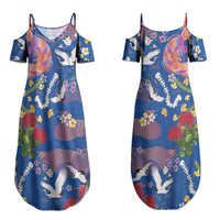 Hawaiian and Japanese Culture Together Couples Matching Summer Maxi Dress and Hawaiian Shirt Kakau Tribal Pattern and Irezumi Art Blue Color