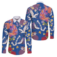Hawaiian and Japanese Culture Together Family Matching Long Sleeve Bodycon Dress and Hawaiian Shirt Kakau Tribal Pattern and Irezumi Art Blue Color LT03 Dad's Shirt - Long Sleeve Blue - Polynesian Pride