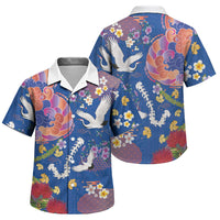 Hawaiian and Japanese Culture Together Family Matching Long Sleeve Bodycon Dress and Hawaiian Shirt Kakau Tribal Pattern and Irezumi Art Blue Color