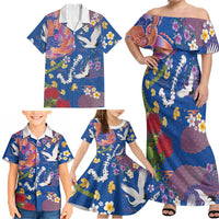 Hawaiian and Japanese Culture Together Family Matching Off Shoulder Maxi Dress and Hawaiian Shirt Kakau Tribal Pattern and Irezumi Art Blue Color