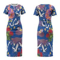 Hawaiian and Japanese Culture Together Family Matching Short Sleeve Bodycon Dress and Hawaiian Shirt Kakau Tribal Pattern and Irezumi Art Blue Color LT03 Mom's Dress Blue - Polynesian Pride