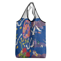 Hawaiian and Japanese Culture Together Grocery Bag Kakau Tribal Pattern and Irezumi Art Blue Color