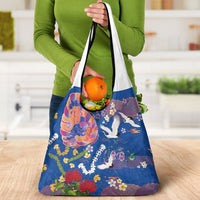 Hawaiian and Japanese Culture Together Grocery Bag Kakau Tribal Pattern and Irezumi Art Blue Color