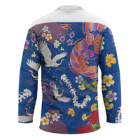 Hawaiian and Japanese Culture Together Hockey Jersey Kakau Tribal Pattern and Irezumi Art Blue Color