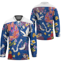 Hawaiian and Japanese Culture Together Hockey Jersey Kakau Tribal Pattern and Irezumi Art Blue Color