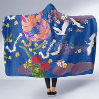 Hawaiian and Japanese Culture Together Hooded Blanket Kakau Tribal Pattern and Irezumi Art Blue Color