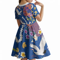 Hawaiian and Japanese Culture Together Kid Short Sleeve Dress Kakau Tribal Pattern and Irezumi Art Blue Color