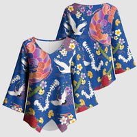 Hawaiian and Japanese Culture Together Kimono Sleeve Blouse Kakau Tribal Pattern and Irezumi Art Blue Color