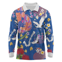 Hawaiian and Japanese Culture Together Long Sleeve Polo Shirt Kakau Tribal Pattern and Irezumi Art Blue Color