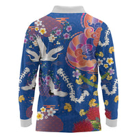 Hawaiian and Japanese Culture Together Long Sleeve Polo Shirt Kakau Tribal Pattern and Irezumi Art Blue Color