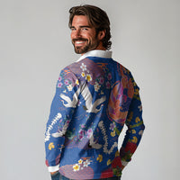 Hawaiian and Japanese Culture Together Long Sleeve Polo Shirt Kakau Tribal Pattern and Irezumi Art Blue Color
