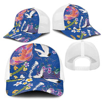 Hawaiian and Japanese Culture Together Mesh Trucker Cap Kakau Tribal Pattern and Irezumi Art Blue Color