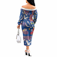 Hawaiian and Japanese Culture Together Off The Shoulder Long Sleeve Dress Kakau Tribal Pattern and Irezumi Art Blue Color LT03 - Polynesian Pride
