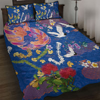 Hawaiian and Japanese Culture Together Quilt Bed Set Kakau Tribal Pattern and Irezumi Art Blue Color