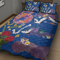Hawaiian and Japanese Culture Together Quilt Bed Set Kakau Tribal Pattern and Irezumi Art Blue Color