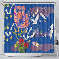 Hawaiian and Japanese Culture Together Shower Curtain Kakau Tribal Pattern and Irezumi Art Blue Color