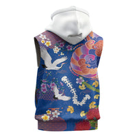 Hawaiian and Japanese Culture Together Sleeveless Hoodie Kakau Tribal Pattern and Irezumi Art Blue Color