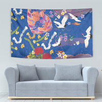 Hawaiian and Japanese Culture Together Tapestry Kakau Tribal Pattern and Irezumi Art Blue Color