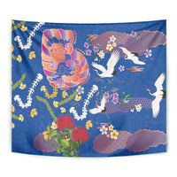 Hawaiian and Japanese Culture Together Tapestry Kakau Tribal Pattern and Irezumi Art Blue Color