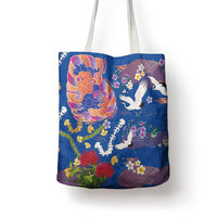 Hawaiian and Japanese Culture Together Tote Bag Kakau Tribal Pattern and Irezumi Art Blue Color