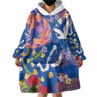 Hawaiian and Japanese Culture Together Wearable Blanket Hoodie Kakau Tribal Pattern and Irezumi Art Blue Color