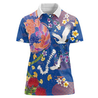 Hawaiian and Japanese Culture Together Women Polo Shirt Kakau Tribal Pattern and Irezumi Art Blue Color