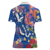 Hawaiian and Japanese Culture Together Women Polo Shirt Kakau Tribal Pattern and Irezumi Art Blue Color