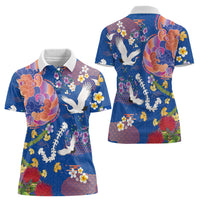 Hawaiian and Japanese Culture Together Women Polo Shirt Kakau Tribal Pattern and Irezumi Art Blue Color