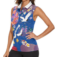 Hawaiian and Japanese Culture Together Women Sleeveless Polo Shirt Kakau Tribal Pattern and Irezumi Art Blue Color