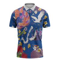 Hawaiian and Japanese Culture Together Zipper Polo Shirt Kakau Tribal Pattern and Irezumi Art Blue Color