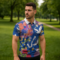 Hawaiian and Japanese Culture Together Zipper Polo Shirt Kakau Tribal Pattern and Irezumi Art Blue Color LT03 - Polynesian Pride
